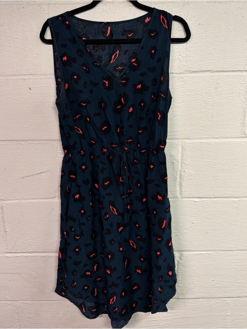 Women's Leopard Print High Waisted Dress V Neck Fake Button Detail A Line Sz L